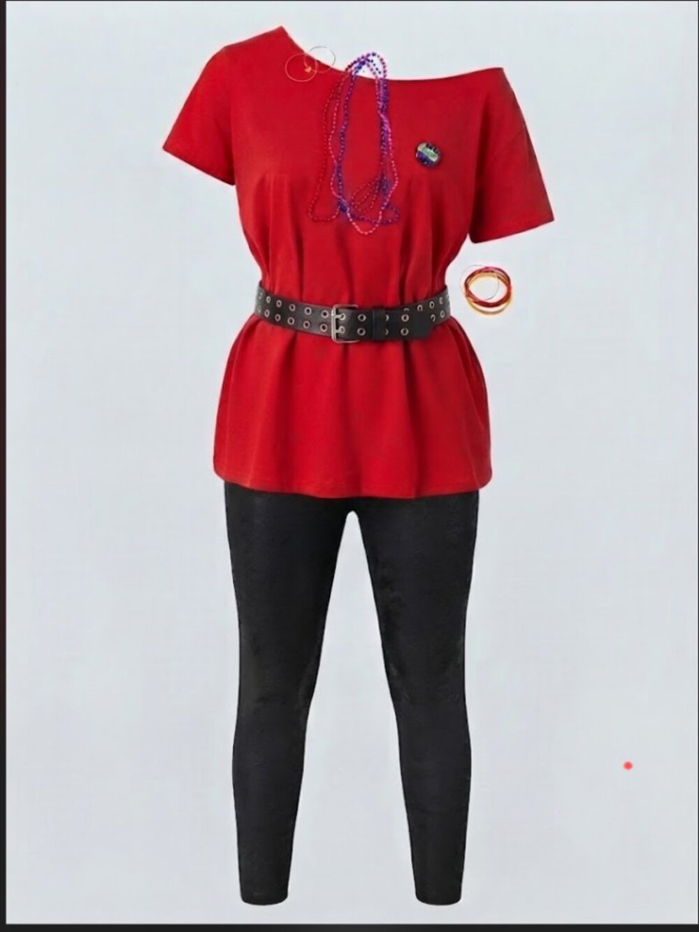 DIY 1980s Rocker Costume Bundle – Size L Black Faux Leather Lace Leggings & Red